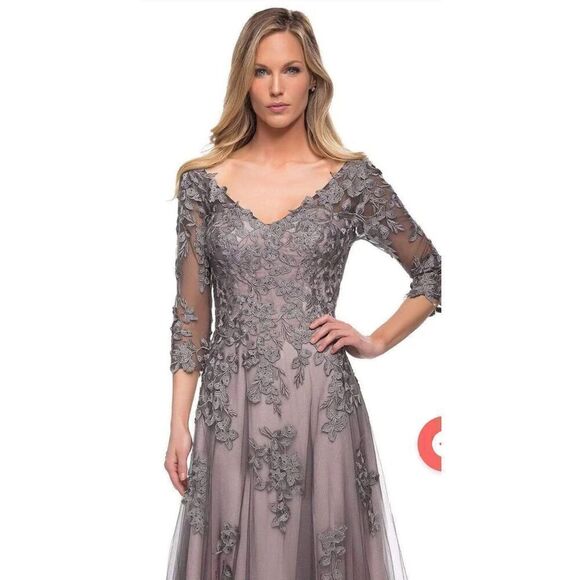 La Femme 29205 Floral Embroidered A-line Gown in Pink & Gray NWOT Size 2 - Picture 3 of 7